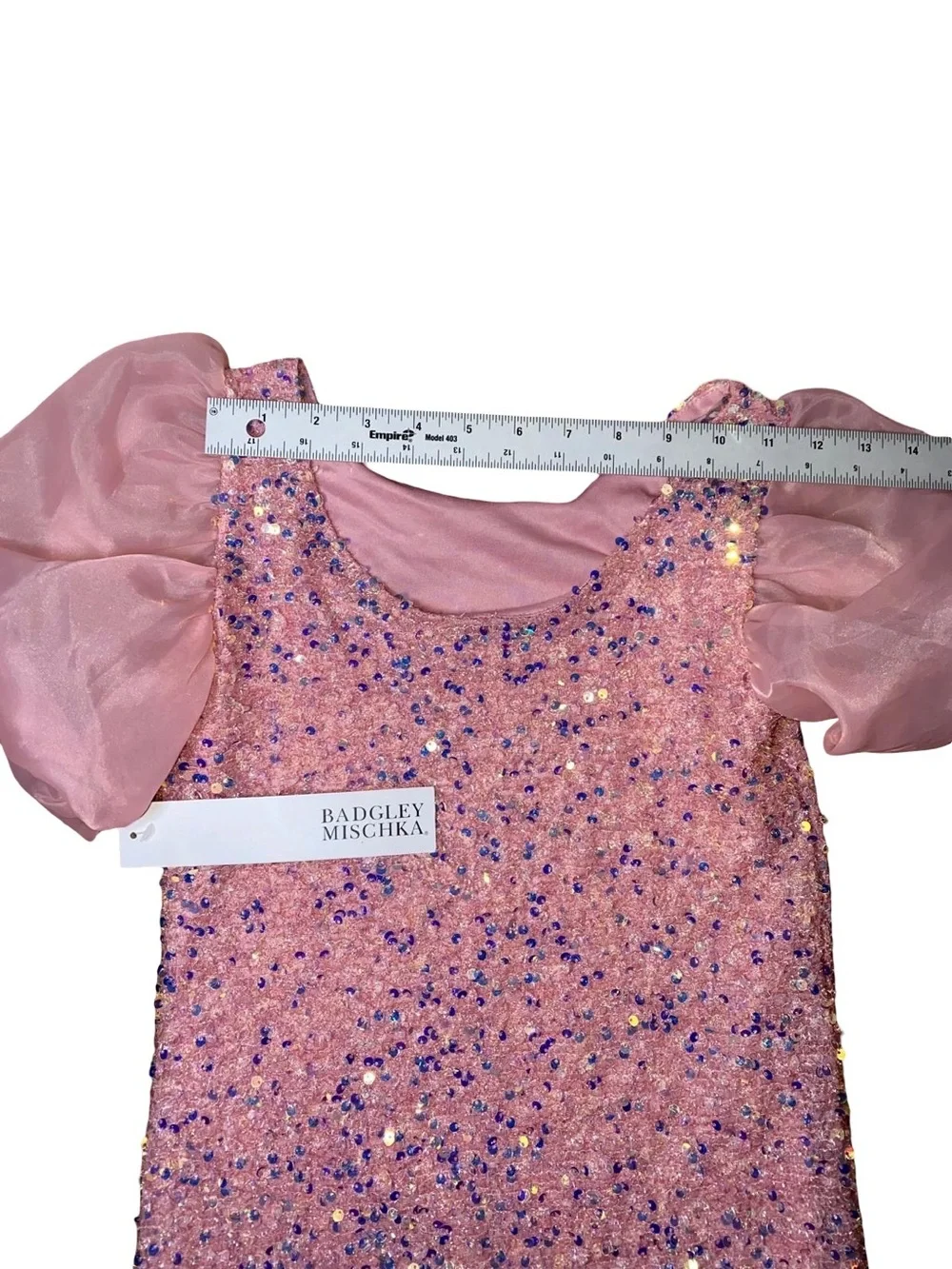 Badgley Mischka Girls Pink Sequin Sheath Dress Organza Puff Sleeve Size 12 NWT